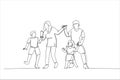 Drawing of overjoyed family jumping to music in living room. Single continuous line art