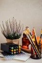 Drawing painting background. Colorful paints, brushes, stationery, supplies for drawing and craft. Creative education Royalty Free Stock Photo