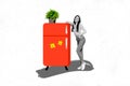 Drawing painting collage of happy maid lady mother enjoy kitchen store purchase new fridge model buying