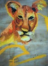 Drawing painting of a lioness on a wood