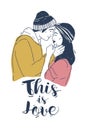 Drawing of pair of young man and woman kissing and This Is Love inscription on white background. Cute romantic couple on