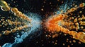 A drawing of a particle collision showing particles moving in both directions simultaneously representing the idea of