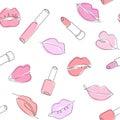 Seamless vector pattern of female lips, polish, gloss and lipstick in one continuous line style. Royalty Free Stock Photo