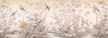 drawing pattern wallpaper of a forest landscape with birds, butterflies and trees, in colors consistent forest in Chinese style