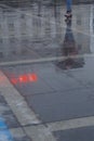 Drawing of paving slabs under heavy spring rain. With reflection.