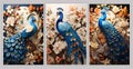 Drawing peacock wall digital art with flowers. 3d modern wall decor Royalty Free Stock Photo