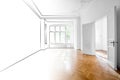 Drawing and photo of empty apartment room merged - interior design concept