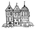Drawing picture fairy-tale houses with unusual roofs, lined with brick, sketch doodle vector illustration