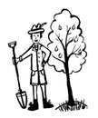 Drawing picture of a man in a funny hat, jacket and shorts in the garden working with a shovel, sketch, doodle,comic v