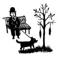 Drawing picture of a man sitting on a park bench and walking a dog by a tree on which hanging sausages, sketch,doo