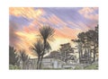 Drawing picture a summer sunset with houses and trees Royalty Free Stock Photo