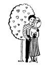 Drawing picture two lovers hugging and kissing under a tree with hearts, sketch, hand-drawn comic vector illustration