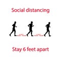 Drawing a pictures silhouettes of people running with 6 feet apart, the practices put in place to enforce social distancing,