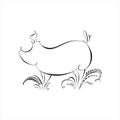 Drawing of pig silhouette made in one line with calligraphic elements. Happy chinese new year 2019 Zodiac sign.