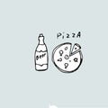 Drawing pizza and a bottle of beer, inscription.
