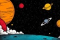 A drawing of planets in the sky with stars and clouds Royalty Free Stock Photo