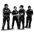 Drawing of 4 policeman are standing and protecting