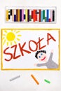 Drawing. Polish word SCHOOL and happy student Royalty Free Stock Photo
