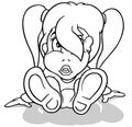 Drawing of a Ponytailed Little Girl Sitting on the Ground Royalty Free Stock Photo