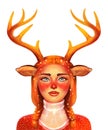 Drawing of a portrait of a deer girl. A girl with antlers, a fantasy creature, or a Christmas reindeer costume. Bright