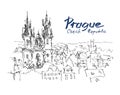 Drawing of Prague old town top cityscape with hand lettering ins