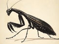 A drawing of a praying mantisch on a beige background Royalty Free Stock Photo