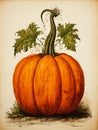 A drawing of pumpkin leaves at the top of a bureau, engraving pr Royalty Free Stock Photo