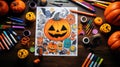 A drawing of a pumpkin surrounded by other halloween items. Generative AI image. Royalty Free Stock Photo