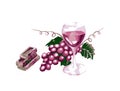 Drawing purple grapes with leaves, wine in wineglass Royalty Free Stock Photo
