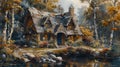 Drawing of a quaint cottage surrounded by enchanted woods