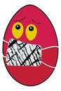 Drawing of a red Easter egg with a protective mask against Coronavir. Cartoon egg with respirator and sad expression. Easter and