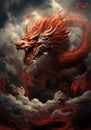 Drawing of a Red Traditional Chinese Dragon roaring in the sky with dense and textured clouds