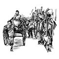 Drawing of the rickshaw traditional transportation in India