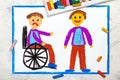 Drawing: Sad boy sitting on his wheelchair. Disabled boy and his healthy friend Royalty Free Stock Photo