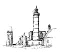 Drawing of Saint Mathieu lighthouse and old abbey ruins in Brittany, France