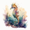 Drawing of a sea horse among seaweed drawing paint watercolor Generative AI Royalty Free Stock Photo