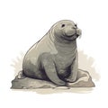 a drawing of a seal sitting on a rock with its eyes closed and a nose wide open, with a white background and a black and white