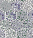 Drawing of seamless patchwork pattern with viola flowers