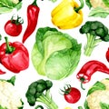 watercolor drawing. seamless pattern with vegetables. cabbage, peppers, tomatoes, cauliflower, broccoli on a white background Royalty Free Stock Photo