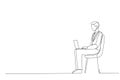 Drawing of serious young business man sitting on chair and using laptop.