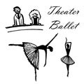 Drawing of a set of cartoon pictures spectators in the theater watching ballet, hand-drawn vector illustration