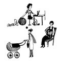 Drawing, a set of cartoon pictures of young mothers taking care of children, reading books, walking with a stroller, s