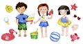 watercolor drawing. set of cute characters of children on the beach. boy and girls in bathing suits, swimming circle, toys Royalty Free Stock Photo