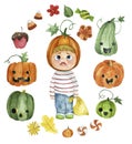 watercolor drawing. set of halloween elements, cute child in halloween costume, pumpkins and sweets.