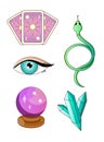 Drawing of set of magical elements. Tarot cards, magic ball, human eye, snake, crystals. Royalty Free Stock Photo