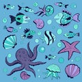 Drawing Set of marine animals in cartoon style