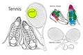 Drawing Set of objects sneakers with tennis racquet and ball, tennis court. Hand drawn and doodle footwear for