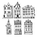 Drawing of a set of vintage houses of the old city of Riga, hand-drawn ink illustration