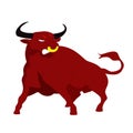 The drawing shows an angry red bull. The wild beast has large horns and a strong body,it is very angry and attacks.