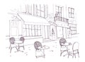 Drawing of sidewalk cafe or restaurant with tables and chairs standing on city street beside antique building with